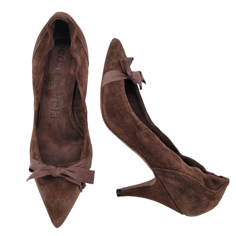 Pedro Garcia Size 6.5 Suede Leather High Heels Slip On Bow Accent Pointed Toe